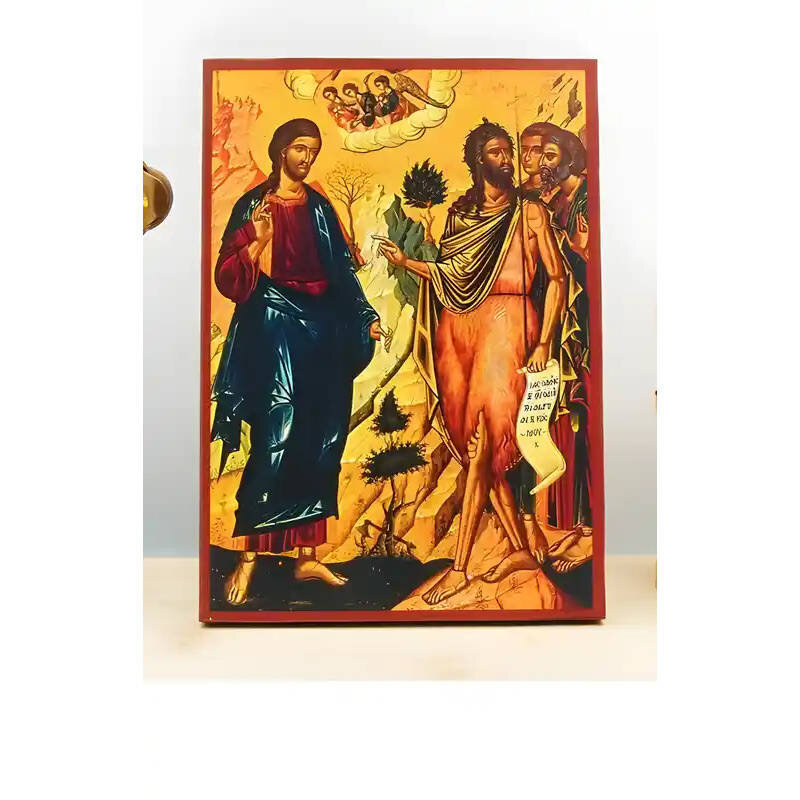 Εικόνα Ορθοδοξίας με περίγραμμα χρυσό σε ξύλο Φλαμουρίας  με  βάση Ο Ιησούς Χριστός και ο Άγιος Ιωάννης ο Πρόδρομος «Ιδού το αρνί του Θεού», Ξύλινη Χειροποίητη Εικόνα Ελληνικού Βυζαντινού Στυλ Κρεμασμένη σε Πλάκα Χειροποίητη Ελληνορθόδοξη εικόνα του Ιησού Χριστού, Κρεμαστή πλάκα βυζαντινής τέχνης, χριστιανική τέχνη Διάσταση 10x7 cm (3,9 x 2,8 ίντσες)  INTRAEK-10968