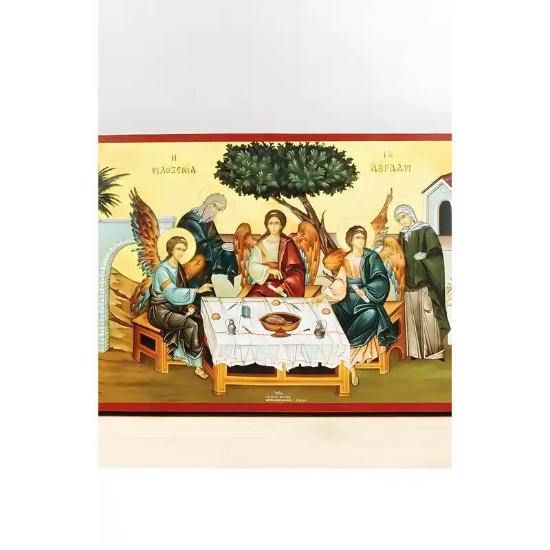 Εικόνα Ορθοδοξίας με περίγραμμα χρυσό σε ξύλο Φλαμουρίας  με  βάση Η Φιλοξενία του Αβραάμ και της Σάρας, Ξύλινη Χειροποίητη Εικόνα Ελληνικού Βυζαντινού Στυλ τοίχου που κρέμεται σε ξύλινη πλάκα Θρησκευτικό θέμα Χειροποίητη Ελληνορθόδοξη εικόνα του Ιησού Χριστού, Κρεμαστή πλάκα βυζαντινής τέχνης, χριστιανική τέχνη Δίασταση 50x40 cm (19,7 x 15,8)  INTRAEK-11342110966