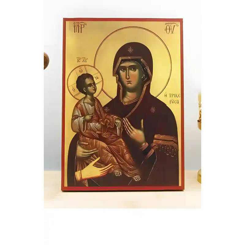 Εικόνα Ορθοδοξίας με περίγραμμα χρυσό σε ξύλο Φλαμουρίας  με  βάση Παναγία η Τριξερούσα με τον Ιησού, Ξύλινη Χειροποίητη Εικόνα Ελληνικής Βυζαντινής Τεχνοτροπίας Κρεμασμένη σε ξύλινη πλάκα Χειροποίητη Ελληνορθόδοξη εικόνα του Ιησού Χριστού, Κρεμαστή πλάκα βυζαντινής τέχνης, χριστιανική τέχνη Διάσταση 26x20 cm (10,2 x 7,9 ίντσες)  INTRAEK-22610961