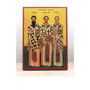 Εικόνα Ορθοδοξίας με περίγραμμα χρυσό σε ξύλο Φλαμουρίας  με  βάση Άγιοι Τρεις Ιεράρχες Πατέρες της Εκκλησίας, Ξύλινη Χειροποίητη Εικόνα Ελληνικού Βυζαντινού Στυλ υψηλής ποιότητας Κρεμασμένη σε ξύλινη πλάκα Χειροποίητη Ελληνορθόδοξη εικόνα του Ιησού Χριστού, Κρεμαστή πλάκα βυζαντινής τέχνης, χριστιανική τέχνη 45x35 cm (17,7 x 13,8 ίντσες)  INTRAEK-342110959