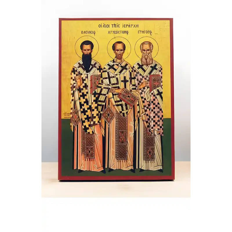 Εικόνα Ορθοδοξίας με περίγραμμα χρυσό σε ξύλο Φλαμουρίας  με  βάση Άγιοι Τρεις Ιεράρχες Πατέρες της Εκκλησίας, Ξύλινη Χειροποίητη Εικόνα Ελληνικού Βυζαντινού Στυλ υψηλής ποιότητας Κρεμασμένη σε ξύλινη πλάκα Χειροποίητη Ελληνορθόδοξη εικόνα του Ιησού Χριστού, Κρεμαστή πλάκα βυζαντινής τέχνης, χριστιανική τέχνη Διάσταση 26x20 cm (10,2 x 7,9 ίντσες)  INTRAEK-22610959