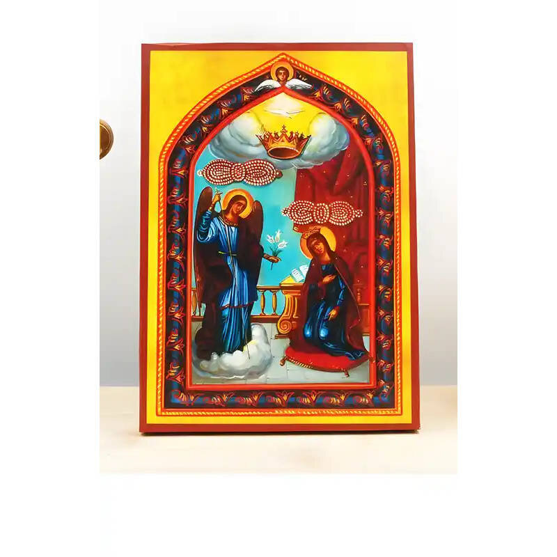 Εικόνα Ορθοδοξίας με περίγραμμα χρυσό σε ξύλο Φλαμουρίας  με  βάση Ο Ευαγγελισμός της Θεοτόκου "Κυρά της Τήνου", Ξύλινη Χειροποίητη Εικόνα Ελληνικής Premium Βυζαντινού Στυλ Κρεμαστή σε Ξύλινη Πλάκα Θρησκευτικό Χειροποίητη Ελληνορθόδοξη εικόνα του Ιησού Χριστού, Κρεμαστή πλάκα βυζαντινής τέχνης, χριστιανική τέχνη Διάσταση 26x20 cm (10,2 x 7,9 ίντσες)  INTRAEK-22610957