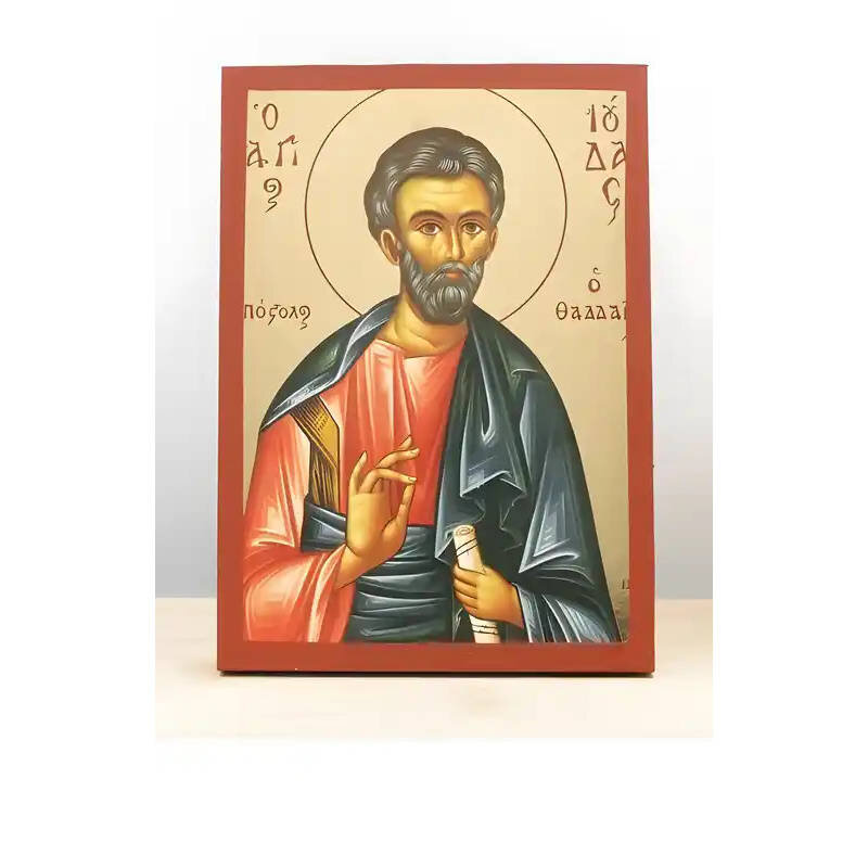 Εικόνα Ορθοδοξίας με περίγραμμα χρυσό σε ξύλο Φλαμουρίας  με  βάση Άγιος Απόστολος Ιούδας Θαδδαίος, Ξύλινη Χειροποίητη Εικόνα με Ψηφιακή Εκτύπωση Ελληνικό Premium Βυζαντινού Στυλ Κρεμαστό τοίχου Θρησκευτικό Θέμα Χειροποίητη Ελληνορθόδοξη εικόνα του Ιησού Χριστού, Κρεμαστή πλάκα βυζαντινής τέχνης, χριστιανική τέχνη Διάσταση 26x20 cm (10,2 x 7,9 ίντσες)  INTRAEK-22610956