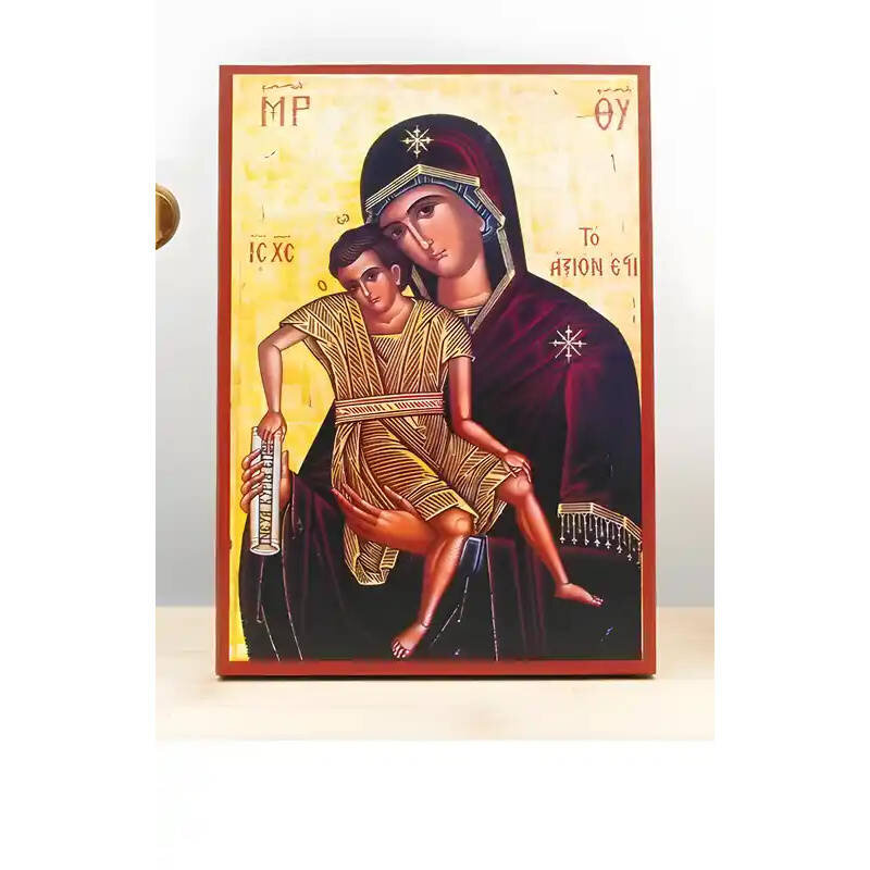 Εικόνα Ορθοδοξίας με περίγραμμα χρυσό σε ξύλο Φλαμουρίας  με  βάση Παναγία Άξιον Εστί με τον Ιησού, Ξύλινη Χειροποίητη Εικόνα Ελληνικού Βυζαντινού Στυλ Κρεμασμένη σε ξύλινη πλάκα Χειροποίητη Ελληνορθόδοξη εικόνα του Ιησού Χριστού, Κρεμαστή πλάκα βυζαντινής τέχνης, χριστιανική τέχνη Διάσταση 26x20 cm (10,2 x 7,9 ίντσες)  INTRAEK-22610948
