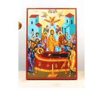 Εικόνα Ορθοδοξίας με περίγραμμα χρυσό σε ξύλο Φλαμουρίας  με  βάση Η Κοίμηση της Θεοτόκου με τον Ιησού, Ξύλινη Χειροποίητη Εικόνα Ελληνικού Premium Βυζαντινού Στυλ Κρεμασμένο σε ξύλινη πλάκα Θρησκευτικό θέμα Χειροποίητη Ελληνορθόδοξη εικόνα του Ιησού Χριστού, Κρεμαστή πλάκα βυζαντινής τέχνης, χριστιανική τέχνη Διάσταση 40x30 cm (15,8 x 11,8 ίντσες)  INTRAEK-2110941 - Image 1