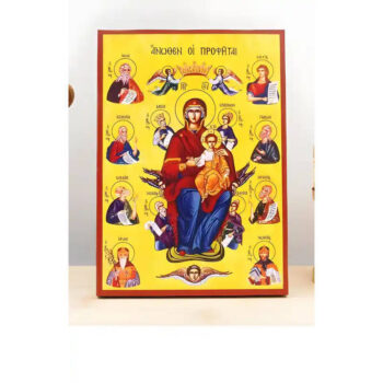 Εικόνα Ορθοδοξίας με περίγραμμα χρυσό σε ξύλο Φλαμουρίας  με  βάση Η Παναγία με τον Ιησού τους Προφήτες από πάνω, Ξύλινη Χειροποίητη Εικόνα Ελληνικού Premium Βυζαντινού Στυλ τοίχου Κρεμασμένη σε ξύλινη πλάκα Θρησκευτικό Χειροποίητη Ελληνορθόδοξη εικόνα του Ιησού Χριστού, Κρεμαστή πλάκα βυζαντινής τέχνης, χριστιανική τέχνη 45x35 cm (17,7 x 13,8 ίντσες)  INTRAEK-342110940 - Image 1