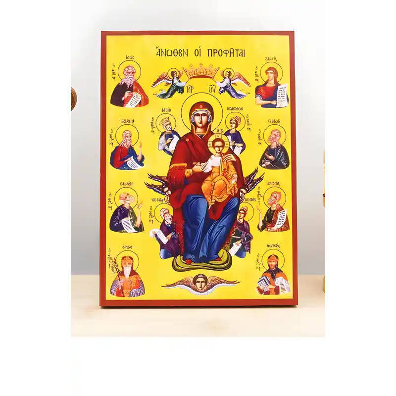 Εικόνα Ορθοδοξίας με περίγραμμα χρυσό σε ξύλο Φλαμουρίας  με  βάση Η Παναγία με τον Ιησού τους Προφήτες από πάνω, Ξύλινη Χειροποίητη Εικόνα Ελληνικού Premium Βυζαντινού Στυλ τοίχου Κρεμασμένη σε ξύλινη πλάκα Θρησκευτικό Χειροποίητη Ελληνορθόδοξη εικόνα του Ιησού Χριστού, Κρεμαστή πλάκα βυζαντινής τέχνης, χριστιανική τέχνη Δίασταση 50x40 cm (19,7 x 15,8)  INTRAEK-11342110940