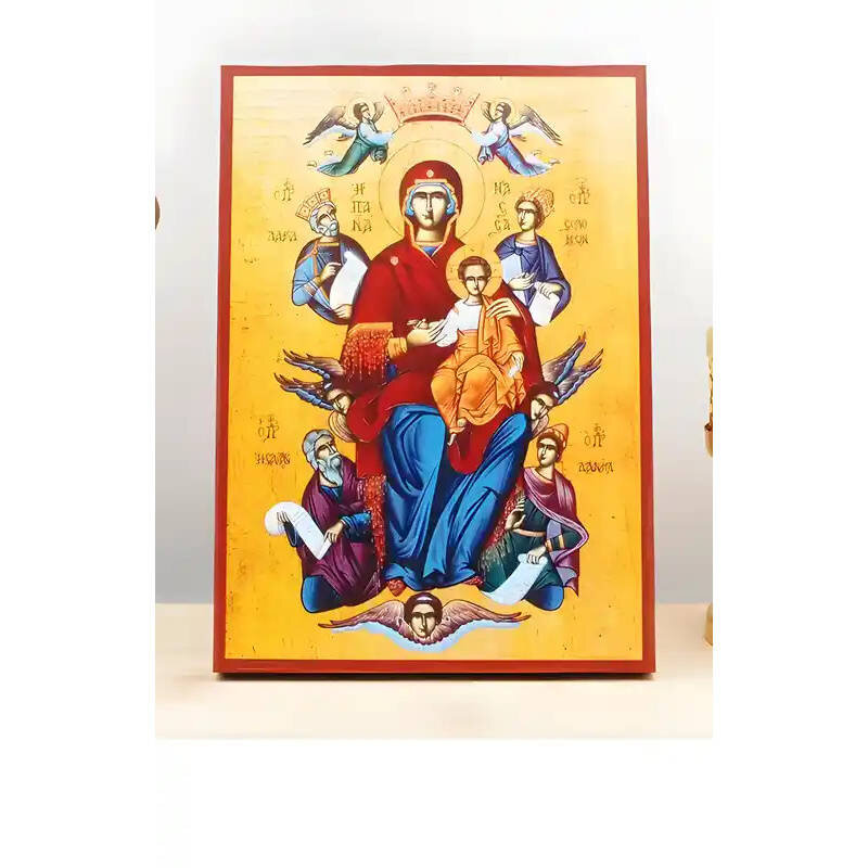 Εικόνα Ορθοδοξίας με περίγραμμα χρυσό σε ξύλο Φλαμουρίας  με  βάση Παναγία Ένθρονη Βασίλισσα του Σύμπαντος «Παντάνασα» με τον Ιησού, Ξύλινη Χειροποίητη Εικόνα Ελληνικής Βυζαντινής Στυλ Κρεμάστρα Χειροποίητη Ελληνορθόδοξη εικόνα του Ιησού Χριστού, Κρεμαστή πλάκα βυζαντινής τέχνης, χριστιανική τέχνη Διάσταση 10x7 cm (3,9 x 2,8 ίντσες)  INTRAEK-10937
