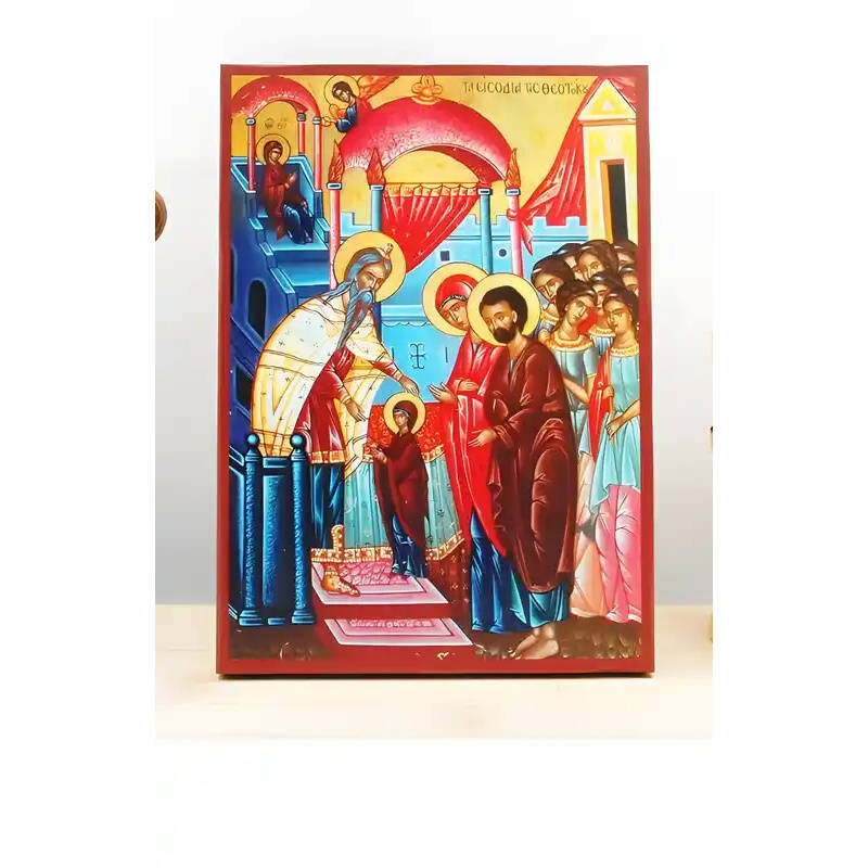 Εικόνα Ορθοδοξίας με περίγραμμα χρυσό σε ξύλο Φλαμουρίας  με  βάση Η είσοδος της Παναγίας στο Ναό, Ξύλινη Χειροποίητη Εικόνα Ελληνικού Premium Βυζαντινού Στυλ Κρεμαστή σε Ξυλόπλακα Θρησκευτικό Θέμα Χειροποίητη Ελληνορθόδοξη εικόνα του Ιησού Χριστού, Κρεμαστή πλάκα βυζαντινής τέχνης, χριστιανική τέχνη Δίασταση 50x40 cm (19,7 x 15,8)  INTRAEK-11342110936