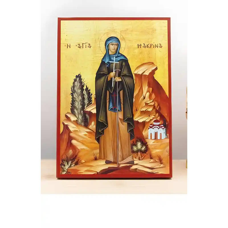 Εικόνα Ορθοδοξίας με περίγραμμα χρυσό σε ξύλο Φλαμουρίας  με  βάση Η Αγία Μακρίνα η Νεότερη, Ξύλινη Χειροποίητη Εικόνα Ελληνικού Premium Βυζαντινού Στυλ Κρεμασμένη σε ξύλινη πλάκα Χειροποίητη Ελληνορθόδοξη εικόνα του Ιησού Χριστού, Κρεμαστή πλάκα βυζαντινής τέχνης, χριστιανική τέχνη Διάσταση 26x20 cm (10,2 x 7,9 ίντσες)  INTRAEK-22610930