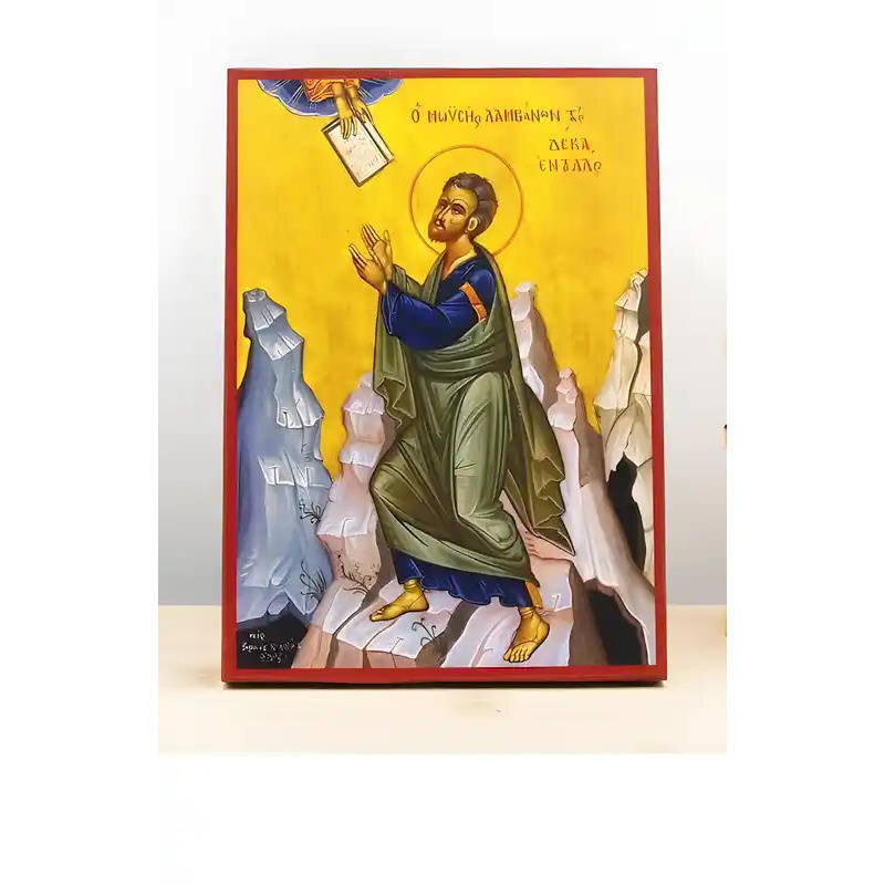 Εικόνα Ορθοδοξίας με περίγραμμα χρυσό σε ξύλο Φλαμουρίας  με  βάση Ο Μωυσής λαμβάνει τις Δέκα Εντολές, Ξύλινη Χειροποίητη Εικόνα Ελληνικού Βυζαντινού Στυλ τοίχου Κρεμασμένη σε ξύλινη πλάκα Θρησκευτικό θέμα Χειροποίητη Ελληνορθόδοξη εικόνα του Ιησού Χριστού, Κρεμαστή πλάκα βυζαντινής τέχνης, χριστιανική τέχνη Διάσταση 40x30 cm (15,8 x 11,8 ίντσες)  INTRAEK-2110928