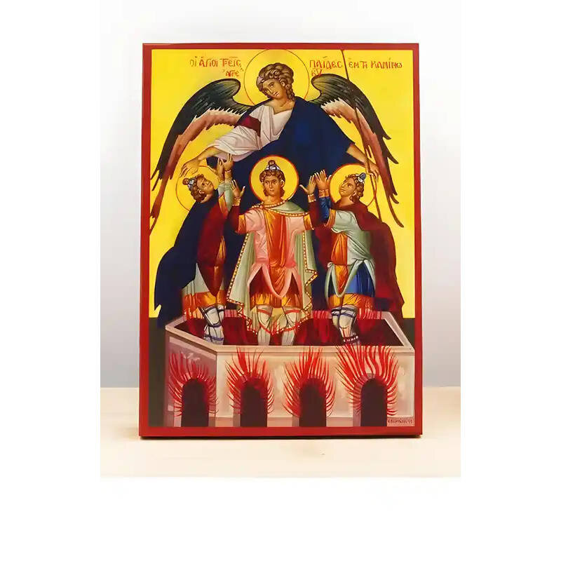 Εικόνα Ορθοδοξίας με περίγραμμα χρυσό σε ξύλο Φλαμουρίας  με  βάση The Three Childrens in Camino “Abdenago, Shadrach and Misach”, Ξύλινη Χειροποίητη Εικόνα Ελληνικού Premium Βυζαντινού Στυλ Κρεμασμένη σε Πλάκα Χειροποίητη Ελληνορθόδοξη εικόνα του Ιησού Χριστού, Κρεμαστή πλάκα βυζαντινής τέχνης, χριστιανική τέχνη Διάσταση 10x7 cm (3,9 x 2,8 ίντσες)  INTRAEK-10927