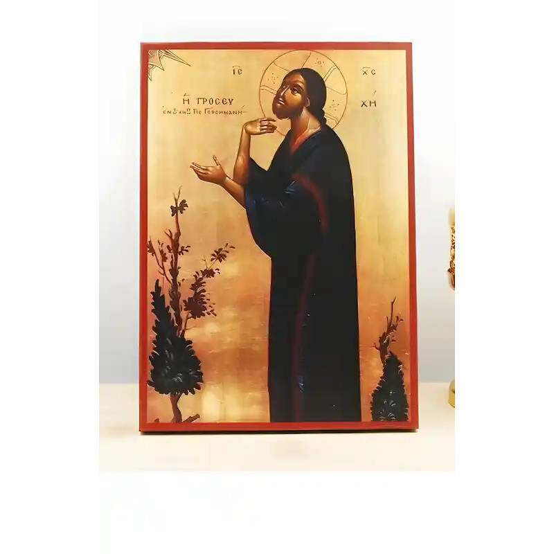 Εικόνα Ορθοδοξίας με περίγραμμα χρυσό σε ξύλο Φλαμουρίας  με  βάση Ο Ιησούς Χριστός προσεύχεται στη Γεθσημανή, Ξύλινη Χειροποίητη Εικόνα Ελληνικού Βυζαντινού Στυλ τοίχου που κρέμεται σε ξύλινη πλάκα Θρησκευτικό θέμα Χειροποίητη Ελληνορθόδοξη εικόνα του Ιησού Χριστού, Κρεμαστή πλάκα βυζαντινής τέχνης, χριστιανική τέχνη Διάσταση 26x20 cm (10,2 x 7,9 ίντσες)  INTRAEK-22610925