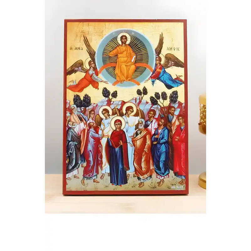 Εικόνα Ορθοδοξίας με περίγραμμα χρυσό σε ξύλο Φλαμουρίας  με  βάση Η Ανάληψη του Ιησού Χριστού στον Ουρανό, Ξύλινη Χειροποίητη Εικόνα Ελληνικού Premium Βυζαντινού Στυλ Κρεμασμένο σε ξύλινη πλάκα Θρησκευτικό θέμα Χειροποίητη Ελληνορθόδοξη εικόνα του Ιησού Χριστού, Κρεμαστή πλάκα βυζαντινής τέχνης, χριστιανική τέχνη Διάσταση 26x20 cm (10,2 x 7,9 ίντσες)  INTRAEK-22610919