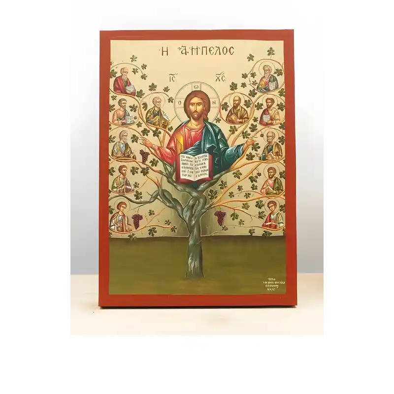 Εικόνα Ορθοδοξίας με περίγραμμα χρυσό σε ξύλο Φλαμουρίας  με  βάση Ο Ιησούς Χριστός με τους Αποστόλους στο Αμπέλου "Άμπελος", Ξύλινη Χειροποίητη Εικόνα με Φύλλο Χρυσού Ελληνικού Βυζαντινού Στυλ Κρεμαστή σε Πλάκα Χειροποίητη Ελληνορθόδοξη εικόνα του Ιησού Χριστού, Κρεμαστή πλάκα βυζαντινής τέχνης, χριστιανική τέχνη Διάσταση 40x30 cm (15,8 x 11,8 ίντσες)  INTRAEK-2110917