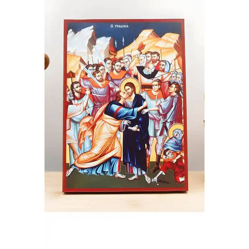 Εικόνα Ορθοδοξίας με περίγραμμα χρυσό σε ξύλο Φλαμουρίας  με  βάση Η Προδοσία του Ιησού Χριστού με τους Αποστόλους, Ξύλινη Χειροποίητη Εικόνα Ελληνικού Premium Βυζαντινού Στυλ Κρεμασμένο σε ξύλινη πλάκα Θρησκευτικό θέμα Χειροποίητη Ελληνορθόδοξη εικόνα του Ιησού Χριστού, Κρεμαστή πλάκα βυζαντινής τέχνης, χριστιανική τέχνη Διάσταση 10x7 cm (3,9 x 2,8 ίντσες)  INTRAEK-10911