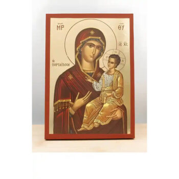 Εικόνα Ορθοδοξίας με περίγραμμα χρυσό σε ξύλο Φλαμουρίας  με  βάση Παναγία Οδηγήτρια «Πορταΐτισσα» με τον Ιησού, Ξύλινη Χειροποίητη Εικόνα με Φύλλο Χρυσού Ελληνικού Premium Βυζαντινού Στυλ Επιτοίχια Θρησκευτικά Χειροποίητη Ελληνορθόδοξη εικόνα του Ιησού Χριστού, Κρεμαστή πλάκα βυζαντινής τέχνης, χριστιανική τέχνη 45x35 cm (17,7 x 13,8 ίντσες)  INTRAEK-342110910 - Image 1