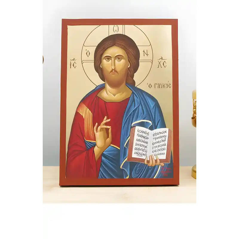 Εικόνα Ορθοδοξίας με περίγραμμα χρυσό σε ξύλο Φλαμουρίας  με  βάση Ο Ιησούς Χριστός Ευλογεί «το Γλυκό», Ξύλινη Χειροποίητη Εικόνα με Ψηφιακή Εκτύπωση Ελληνικό Premium Βυζαντινού Στυλ τοίχου Κρεμασμένο σε ξύλινη πλάκα Θρησκευτικό Χειροποίητη Ελληνορθόδοξη εικόνα του Ιησού Χριστού, Κρεμαστή πλάκα βυζαντινής τέχνης, χριστιανική τέχνη Διάσταση 10x7 cm (3,9 x 2,8 ίντσες)  INTRAEK-10909