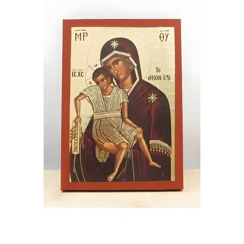 Εικόνα Ορθοδοξίας με περίγραμμα χρυσό σε ξύλο Φλαμουρίας  με  βάση Παναγία Άξιον Εστίν με τον Ιησού, Ξύλινη Χειροποίητη Εικόνα μεΨηφιακή Εκτύπωση Χαρακτική Ελληνικής Βυζαντινής τεχνοτροπίας Κρεμαστή σε ξύλινη πλάκα Χειροποίητη Ελληνορθόδοξη εικόνα του Ιησού Χριστού, Κρεμαστή πλάκα βυζαντινής τέχνης, χριστιανική τέχνη Διάσταση 26x20 cm (10,2 x 7,9 ίντσες)  INTRAEK-22610906