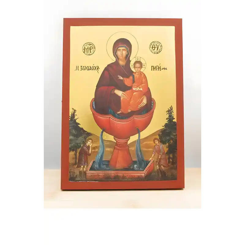 Εικόνα Ορθοδοξίας με περίγραμμα χρυσό σε ξύλο Φλαμουρίας  με  βάση Παναγία η Ζωοδόχος Πηγή με τον Ιησού, Ξύλινη Χειροποίητη Εικόνα με Ψηφιακή Εκτύπωση Ελληνικό Premium Βυζαντινού Στυλ Κρεμαστό τοίχου Θρησκευτικά Χειροποίητη Ελληνορθόδοξη εικόνα του Ιησού Χριστού, Κρεμαστή πλάκα βυζαντινής τέχνης, χριστιανική τέχνη Διάσταση 10x7 cm (3,9 x 2,8 ίντσες)  INTRAEK-10905