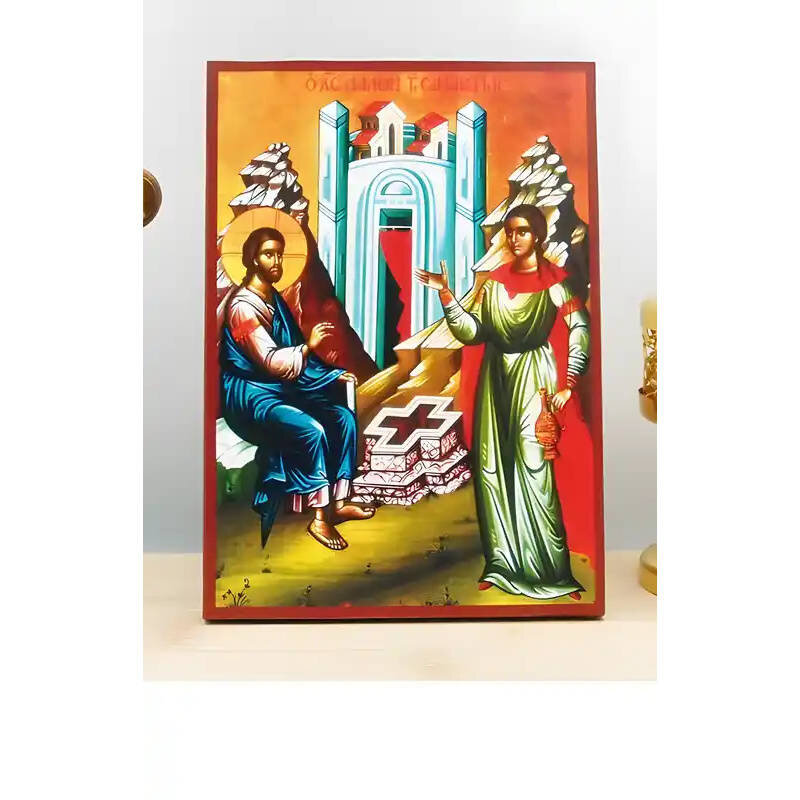 Εικόνα Ορθοδοξίας με περίγραμμα χρυσό σε ξύλο Φλαμουρίας  με  βάση Ο Ιησούς Χριστός μιλά με Σαμαρείτισσα, Ξύλινη Χειροποίητη Εικόνα Ελληνικού Βυζαντινού Στυλ Κρεμασμένο σε ξύλινη πλάκα Ορθόδοξο Θρησκευτικό Θέμα Χειροποίητη Ελληνορθόδοξη εικόνα του Ιησού Χριστού, Κρεμαστή πλάκα βυζαντινής τέχνης, χριστιανική τέχνη 45x35 cm (17,7 x 13,8 ίντσες)  INTRAEK-342110902