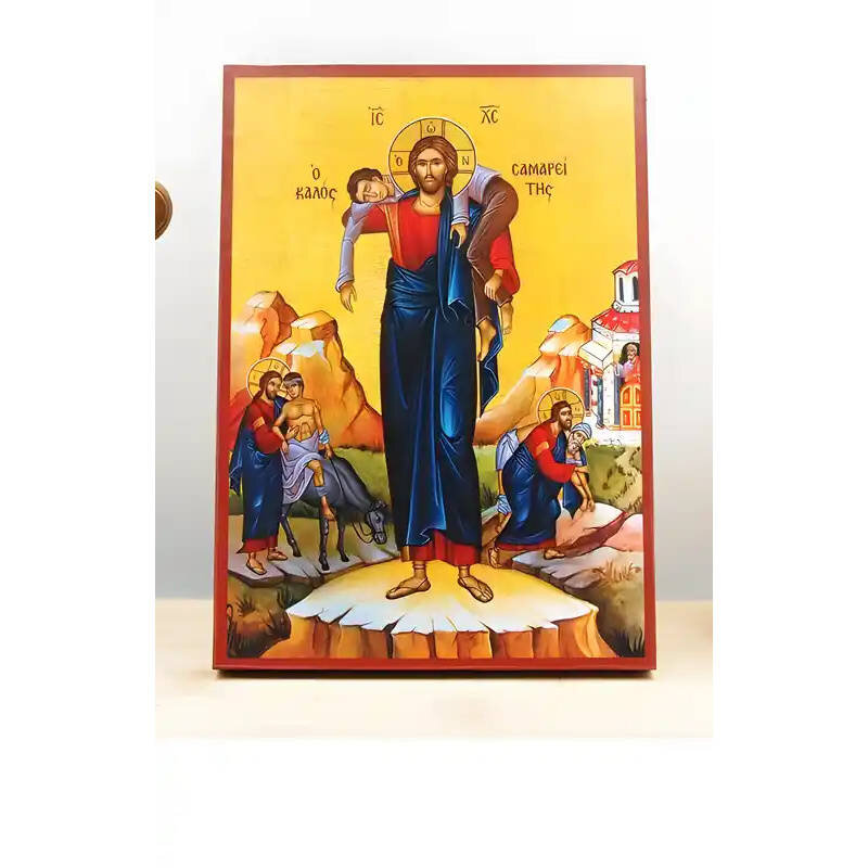 Εικόνα Ορθοδοξίας με περίγραμμα χρυσό σε ξύλο Φλαμουρίας  με  βάση Παράσταση Ιησούς Χριστός ο Καλός Σαμαρείτης, Ξύλινη Χειροποίητη Εικόνα Ελληνικού Βυζαντινού Στυλ Κρεμαστή σε ξύλινη πλάκα Θρησκευτικό Χειροποίητη Ελληνορθόδοξη εικόνα του Ιησού Χριστού, Κρεμαστή πλάκα βυζαντινής τέχνης, χριστιανική τέχνη Διάσταση 26x20 cm (10,2 x 7,9 ίντσες)  INTRAEK-22610901
