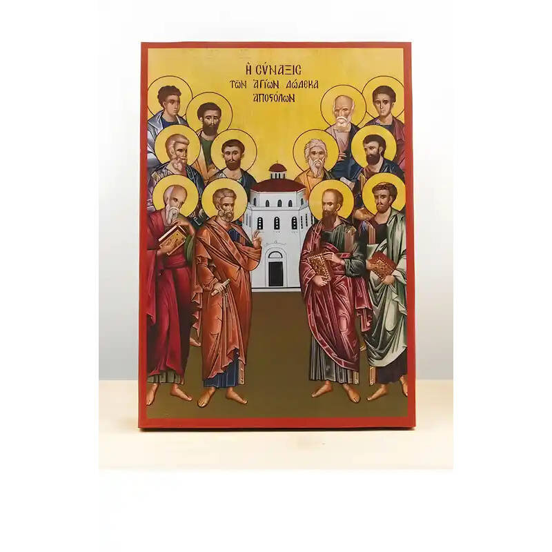 Εικόνα Ορθοδοξίας με περίγραμμα χρυσό σε ξύλο Φλαμουρίας  με  βάση Σύναξη των Δώδεκα Αποστόλων, Ξύλινη Χειροποίητη Εικόνα Ελληνικού Premium Βυζαντινού Στυλ Κρεμασμένο σε ξύλινη πλάκα Θρησκευτικό θέμα Χειροποίητη Ελληνορθόδοξη εικόνα του Ιησού Χριστού, Κρεμαστή πλάκα βυζαντινής τέχνης, χριστιανική τέχνη Διάσταση 10x7 cm (3,9 x 2,8 ίντσες)  INTRAEK-10900