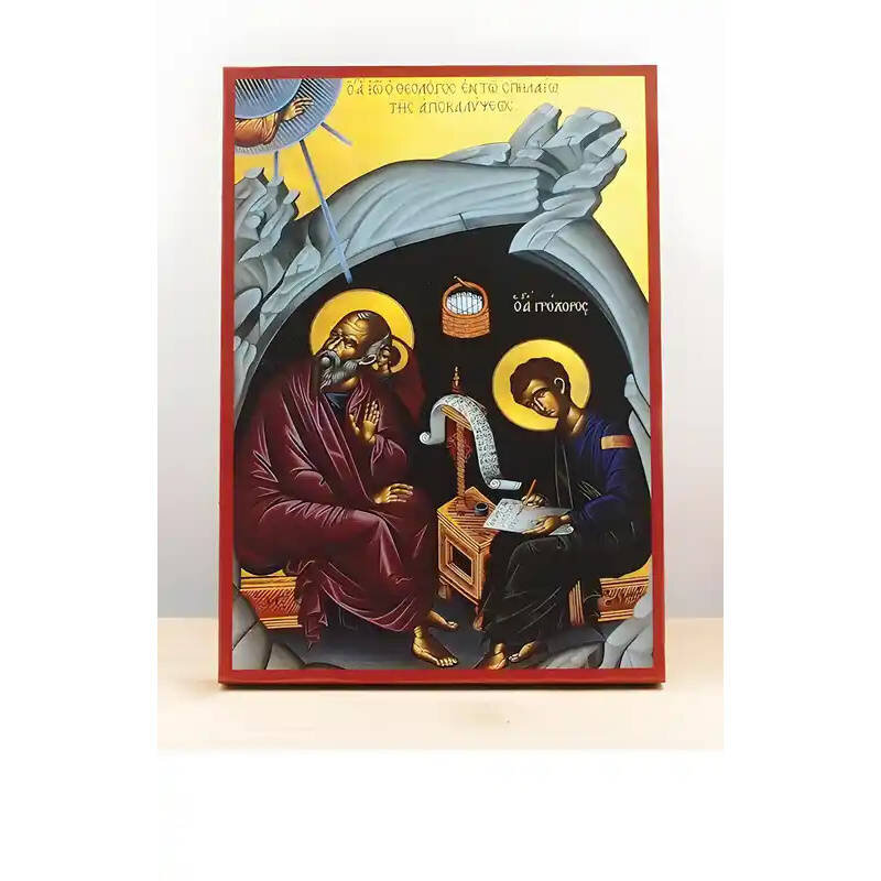 Εικόνα Ορθοδοξίας με περίγραμμα χρυσό σε ξύλο Φλαμουρίας  με  βάση Ο Άγιος Ιωάννης ο Θεολόγος στο Σπήλαιο της Αποκάλυψης, Ξύλινη Χειροποίητη Εικόνα Ελληνικού Βυζαντινού Στυλ Κρεμασμένη σε ξύλινη πλάκα Χειροποίητη Ελληνορθόδοξη εικόνα του Ιησού Χριστού, Κρεμαστή πλάκα βυζαντινής τέχνης, χριστιανική τέχνη Διάσταση 10x7 cm (3,9 x 2,8 ίντσες)  INTRAEK-10899