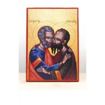 Εικόνα Ορθοδοξίας με περίγραμμα χρυσό σε ξύλο Φλαμουρίας  με  βάση Άγιοι Απόστολοι Παύλος και Πέτρος αγκαλιάζονται μεταξύ τους, Ξύλινη Χειροποίητη Εικόνα Ελληνικού Βυζαντινού Στυλ τοίχου που κρέμεται σε ξύλινη πλάκα Θρησκευτικό Χειροποίητη Ελληνορθόδοξη εικόνα του Ιησού Χριστού, Κρεμαστή πλάκα βυζαντινής τέχνης, χριστιανική τέχνη 45x35 cm (17,7 x 13,8 ίντσες)  INTRAEK-342110895 - Image 1
