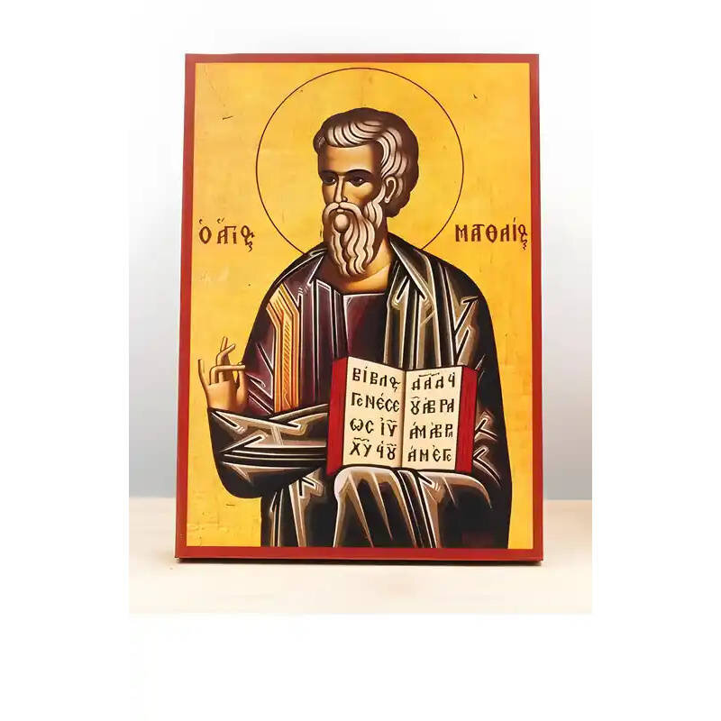 Εικόνα Ορθοδοξίας με περίγραμμα χρυσό σε ξύλο Φλαμουρίας  με  βάση Άγιος Απόστολος Ματθαίος ο Ευαγγελιστής, Ξύλινη Χειροποίητη Εικόνα Ελληνικής Κορυφαίας Βυζαντινής Στυλ Κρεμαστή σε ξύλινη πλάκα Θρησκευτικό θέμα Χειροποίητη Ελληνορθόδοξη εικόνα του Ιησού Χριστού, Κρεμαστή πλάκα βυζαντινής τέχνης, χριστιανική τέχνη Διάσταση 10x7 cm (3,9 x 2,8 ίντσες)  INTRAEK-10884