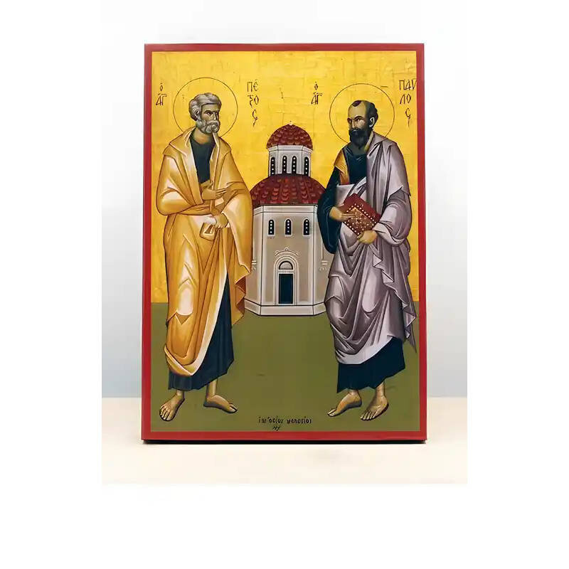 Εικόνα Ορθοδοξίας με περίγραμμα χρυσό σε ξύλο Φλαμουρίας  με  βάση Οι Άγιοι Απόστολοι Παύλος και Πέτρος με Εκκλησία, Ξύλινη Χειροποίητη Εικόνα Ελληνικού Βυζαντινού Στυλ Κρεμασμένο σε ξύλινη πλάκα Θρησκευτικό θέμα Χειροποίητη Ελληνορθόδοξη εικόνα του Ιησού Χριστού, Κρεμαστή πλάκα βυζαντινής τέχνης, χριστιανική τέχνη Διάσταση 10x7 cm (3,9 x 2,8 ίντσες)  INTRAEK-10878