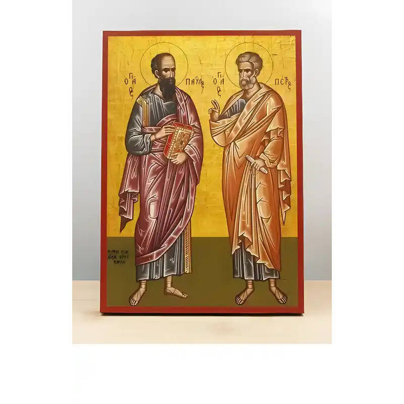 Εικόνα Ορθοδοξίας με περίγραμμα χρυσό σε ξύλο Φλαμουρίας  με  βάση Άγιοι Απόστολοι Παύλος και Πέτρος Ολόσωμος, Ξύλινη Χειροποίητη Εικόνα Ελληνικού Premium Βυζαντινού Στυλ Κρεμαστή σε ξύλινη πλάκα Θρησκευτικό θέμα Χειροποίητη Ελληνορθόδοξη εικόνα του Ιησού Χριστού, Κρεμαστή πλάκα βυζαντινής τέχνης, χριστιανική τέχνη Διάσταση 26x20 cm (10,2 x 7,9 ίντσες)  INTRAEK-22610877