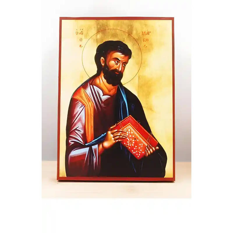 Εικόνα Ορθοδοξίας με περίγραμμα χρυσό σε ξύλο Φλαμουρίας  με  βάση Άγιος Απόστολος Μάρκος ο Ευαγγελιστής, Ξύλινη Χειροποίητη Εικόνα Ελληνικής Premium Βυζαντινού Στυλ Κρεμαστή σε ξύλινη πλάκα Θρησκευτικό θέμα Χειροποίητη Ελληνορθόδοξη εικόνα του Ιησού Χριστού, Κρεμαστή πλάκα βυζαντινής τέχνης, χριστιανική τέχνη 45x35 cm (17,7 x 13,8 ίντσες)  INTRAEK-342110874