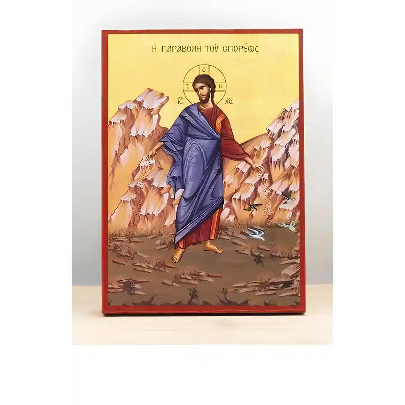 Εικόνα Ορθοδοξίας με περίγραμμα χρυσό σε ξύλο Φλαμουρίας  με  βάση Ιησούς Χριστός Ο Σπορέας, Ξύλινη Χειροποίητη Εικόνα Ελληνικού Premium Βυζαντινού Στυλ Κρεμασμένο σε ξύλινη πλάκα Θρησκευτικό θέμα Χειροποίητη Ελληνορθόδοξη εικόνα του Ιησού Χριστού, Κρεμαστή πλάκα βυζαντινής τέχνης, χριστιανική τέχνη Διάσταση 26x20 cm (10,2 x 7,9 ίντσες)  INTRAEK-22610871