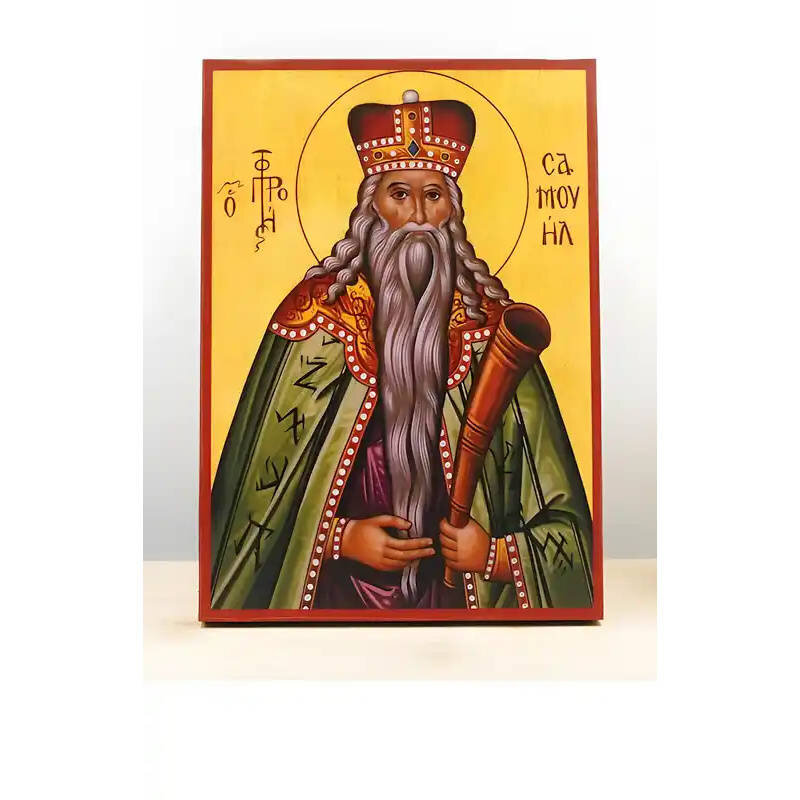 Εικόνα Ορθοδοξίας με περίγραμμα χρυσό σε ξύλο Φλαμουρίας  με  βάση Άγιος Προφήτης Σαμουήλ, Ξύλινη Χειροποίητη Εικόνα Ελληνικού Premium Βυζαντινού Στυλ Κρεμαστή σε ξύλινη πλάκα Θρησκευτικό θέμα Χειροποίητη Ελληνορθόδοξη εικόνα του Ιησού Χριστού, Κρεμαστή πλάκα βυζαντινής τέχνης, χριστιανική τέχνη Διάσταση 10x7 cm (3,9 x 2,8 ίντσες)  INTRAEK-10868