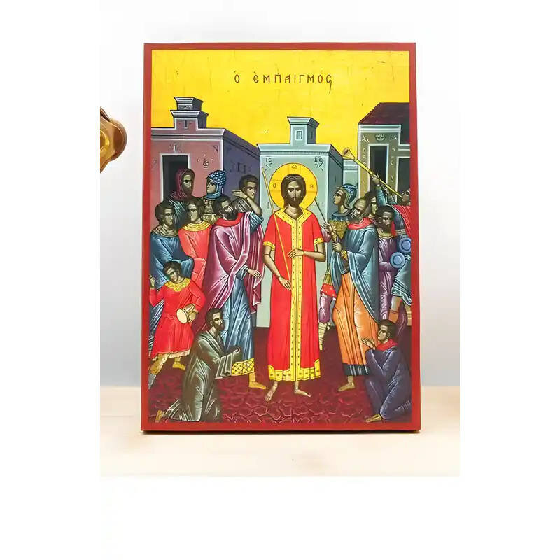 Εικόνα Ορθοδοξίας με περίγραμμα χρυσό σε ξύλο Φλαμουρίας  με  βάση Η κοροϊδία του Ιησού Χριστού, Ξύλινη Χειροποίητη Εικόνα Ελληνικού Premium Βυζαντινού Στυλ Κρεμασμένο σε ξύλινη πλάκα Ορθόδοξο Θρησκευτικό Θέμα Χειροποίητη Ελληνορθόδοξη εικόνα του Ιησού Χριστού, Κρεμαστή πλάκα βυζαντινής τέχνης, χριστιανική τέχνη Διάσταση 10x7 cm (3,9 x 2,8 ίντσες)  INTRAEK-10857