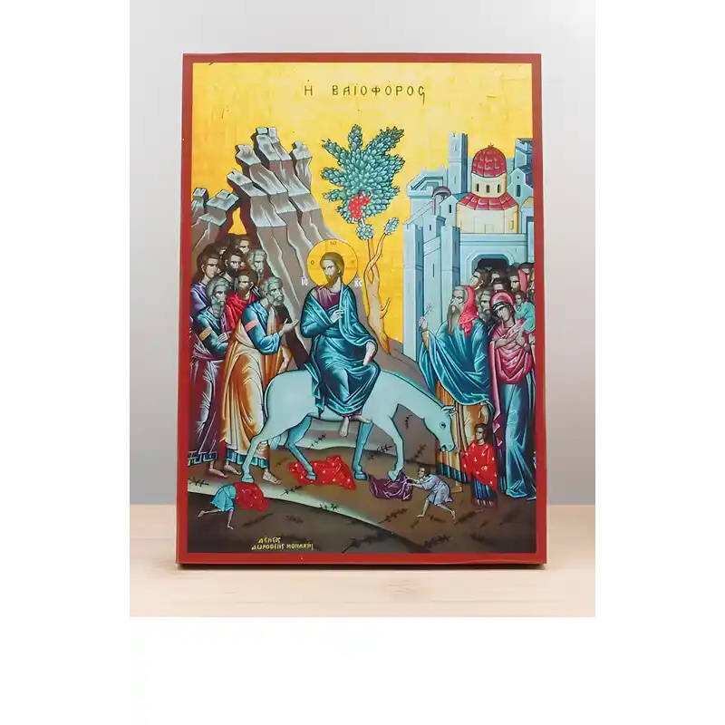 Εικόνα Ορθοδοξίας με περίγραμμα χρυσό σε ξύλο Φλαμουρίας  με  βάση Ιησούς Χριστός η Είσοδος στην Ιερουσαλήμ «Βαϊοφόρος», Ξύλινη Χειροποίητη Εικόνα Ελληνικής Premium Βυζαντινού Στυλ τοίχου Κρεμασμένη σε Ξύλινη Πλάκα Θρησκευτικό Χειροποίητη Ελληνορθόδοξη εικόνα του Ιησού Χριστού, Κρεμαστή πλάκα βυζαντινής τέχνης, χριστιανική τέχνη Διάσταση 10x7 cm (3,9 x 2,8 ίντσες)  INTRAEK-10856