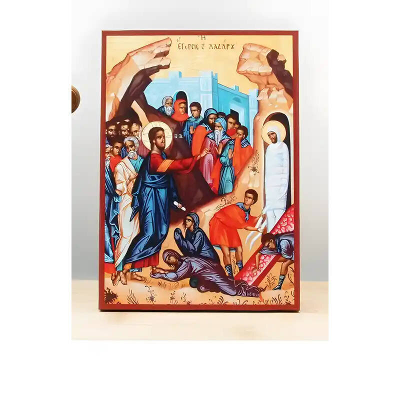 Εικόνα Ορθοδοξίας με περίγραμμα χρυσό σε ξύλο Φλαμουρίας  με  βάση Ο Ιησούς Χριστός Ανάσταση του Λαζάρου, Ξύλινη Χειροποίητη Εικόνα Ελληνικής Premium Βυζαντινού Στυλ τοίχου Κρεμασμένη σε ξύλινη πλάκα Ορθόδοξο θρησκευτικό θέμα Χειροποίητη Ελληνορθόδοξη εικόνα του Ιησού Χριστού, Κρεμαστή πλάκα βυζαντινής τέχνης, χριστιανική τέχνη Διάσταση 10x7 cm (3,9 x 2,8 ίντσες)  INTRAEK-10854