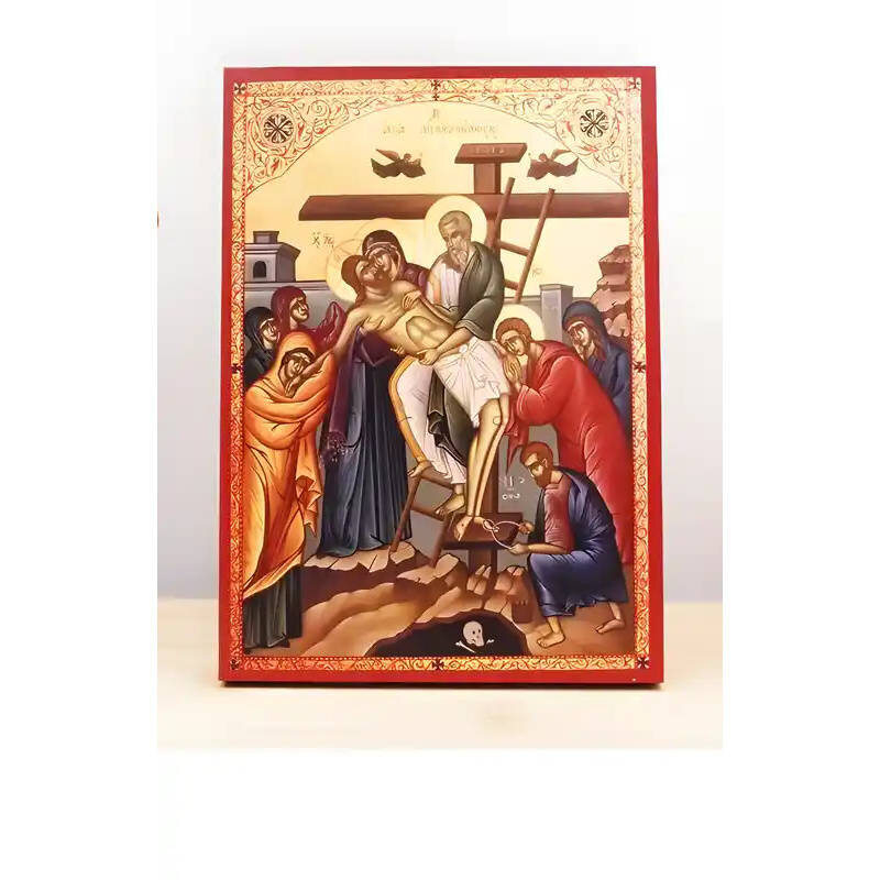Εικόνα Ορθοδοξίας με περίγραμμα χρυσό σε ξύλο Φλαμουρίας  με  βάση Ιησούς Χριστός Κάθοδος από τον Σταυρό «Πιέτα», Ξύλινη Χειροποίητη Εικόνα Ελληνικού Βυζαντινού Στυλ Κρεμαστή σε Ξύλινη Πλάκα Θρησκευτικό Θέμα Χειροποίητη Ελληνορθόδοξη εικόνα του Ιησού Χριστού, Κρεμαστή πλάκα βυζαντινής τέχνης, χριστιανική τέχνη Διάσταση 10x7 cm (3,9 x 2,8 ίντσες)  INTRAEK-10852