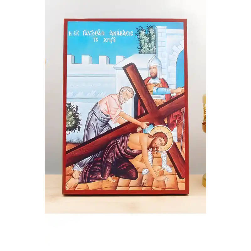 Εικόνα Ορθοδοξίας με περίγραμμα χρυσό σε ξύλο Φλαμουρίας  με  βάση Ο Ιησούς Χριστός Ανάληψη στον Γολγοθά, Ξύλινη Χειροποίητη Εικόνα Ελληνικού Premium Βυζαντινού Στυλ τοίχου Κρεμασμένη σε ξύλινη πλάκα Ορθόδοξο Θρησκευτικό Θέμα Χειροποίητη Ελληνορθόδοξη εικόνα του Ιησού Χριστού, Κρεμαστή πλάκα βυζαντινής τέχνης, χριστιανική τέχνη Διάσταση 10x7 cm (3,9 x 2,8 ίντσες)  INTRAEK-10851