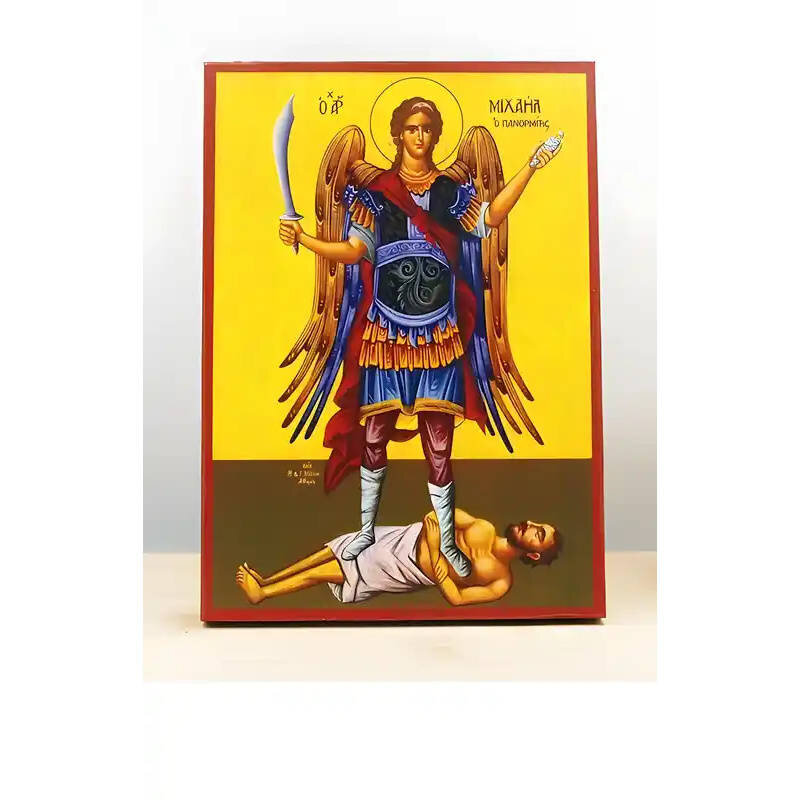 Εικόνα Ορθοδοξίας με περίγραμμα χρυσό σε ξύλο Φλαμουρίας  με  βάση Αρχάγγελος Μιχαήλ Πανορμίτης Σύμης Ολόσωμο, Ξύλινη Χειροποίητη Εικόνα Ελληνικού Βυζαντινού Στυλ Κρεμαστή σε Ξυλόπλακα Θρησκευτικό Θέμα Χειροποίητη Ελληνορθόδοξη εικόνα του Ιησού Χριστού, Κρεμαστή πλάκα βυζαντινής τέχνης, χριστιανική τέχνη Διάσταση 10x7 cm (3,9 x 2,8 ίντσες)  INTRAEK-10846