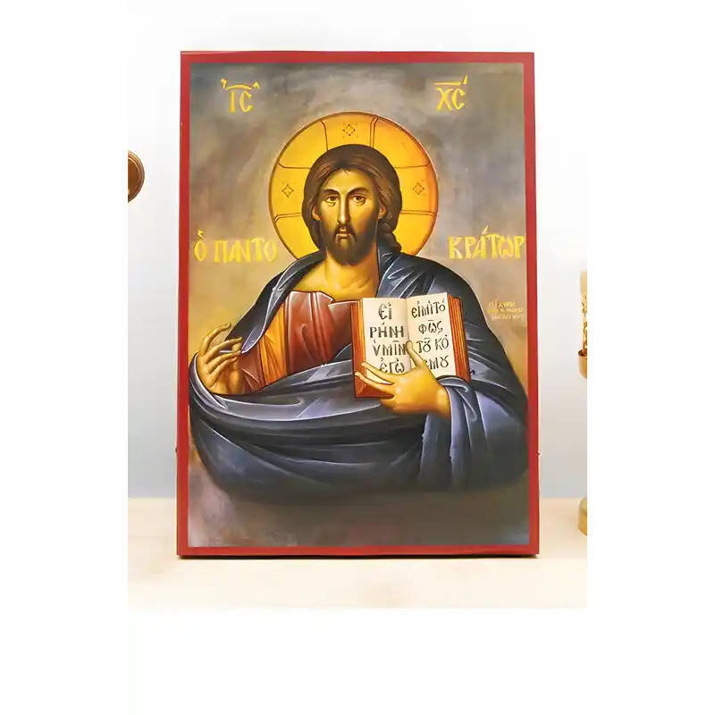 Εικόνα Ορθοδοξίας με περίγραμμα χρυσό σε ξύλο Φλαμουρίας  με  βάση Ο Ιησούς Χριστός ευλογεί τον Παντοκράτορα, Ξύλινη Χειροποίητη Εικόνα Ελληνικού Premium Βυζαντινού Στυλ Κρεμασμένο σε ξύλινη πλάκα Θρησκευτικό θέμα Χειροποίητη Ελληνορθόδοξη εικόνα του Ιησού Χριστού, Κρεμαστή πλάκα βυζαντινής τέχνης, χριστιανική τέχνη Διάσταση 10x7 cm (3,9 x 2,8 ίντσες)  INTRAEK-10845