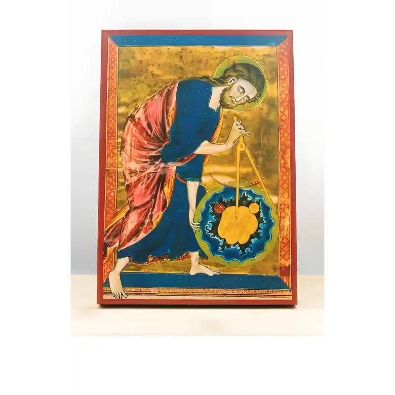 Εικόνα Ορθοδοξίας με περίγραμμα χρυσό σε ξύλο Φλαμουρίας  με  βάση Ο Ιησούς Χριστός ο Μέγας Αρχιτέκτονας του Σύμπαντος, Ξύλινη Χειροποίητη Εικόνα Ελληνικού Premium Βυζαντινού Στυλ τοίχου Κρεμασμένη σε ξύλινη πλάκα Θρησκευτικό Χειροποίητη Ελληνορθόδοξη εικόνα του Ιησού Χριστού, Κρεμαστή πλάκα βυζαντινής τέχνης, χριστιανική τέχνη 45x35 cm (17,7 x 13,8 ίντσες)  INTRAEK-342110842