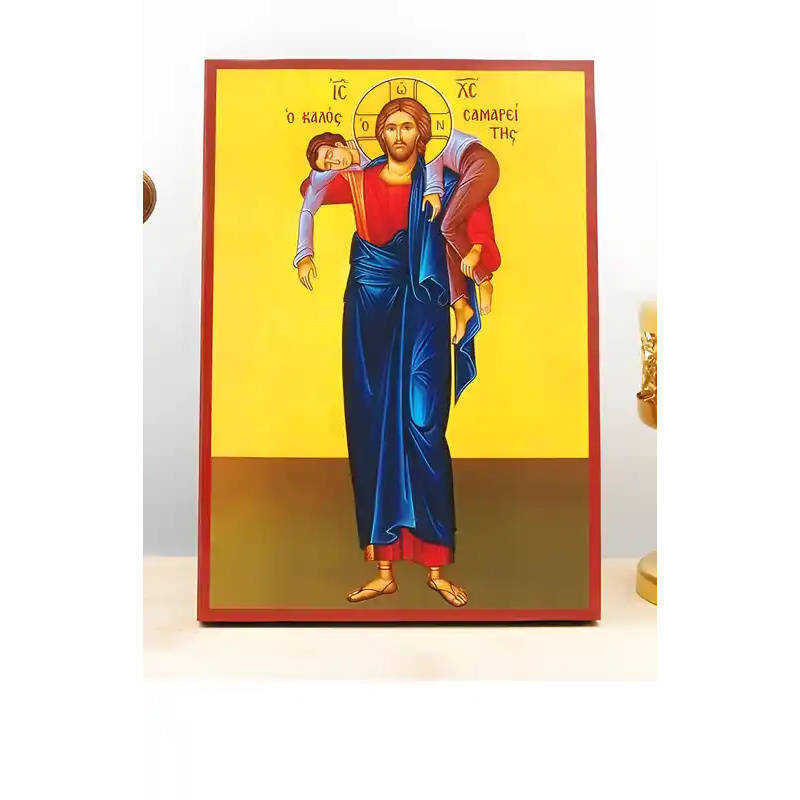Εικόνα Ορθοδοξίας με περίγραμμα χρυσό σε ξύλο Φλαμουρίας  με  βάση Ιησούς Χριστός ο καλός Σαμαρείτης, Ξύλινη Χειροποίητη Εικόνα Ελληνικού Premium Βυζαντινού Στυλ Κρεμαστή σε ξύλινη πλάκα Θρησκευτικό θέμα Χειροποίητη Ελληνορθόδοξη εικόνα του Ιησού Χριστού, Κρεμαστή πλάκα βυζαντινής τέχνης, χριστιανική τέχνη Διάσταση 26x20 cm (10,2 x 7,9 ίντσες)  INTRAEK-22610840