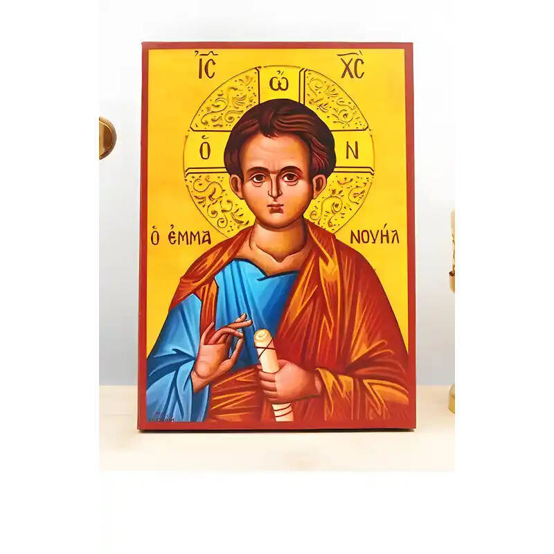 Εικόνα Ορθοδοξίας με περίγραμμα χρυσό σε ξύλο Φλαμουρίας  με  βάση Ιησούς Χριστός «Ο Θεός μαζί μας» Εμμανουήλ, Ξύλινη Χειροποίητη Εικόνα Ελληνικού Premium Βυζαντινού Στυλ Κρεμασμένο σε ξύλινη πλάκα Θρησκευτικό θέμα Χειροποίητη Ελληνορθόδοξη εικόνα του Ιησού Χριστού, Κρεμαστή πλάκα βυζαντινής τέχνης, χριστιανική τέχνη Διάσταση 26x20 cm (10,2 x 7,9 ίντσες)  INTRAEK-22610839
