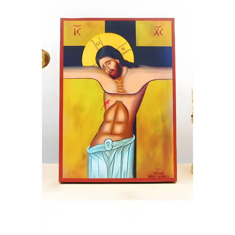 Εικόνα Ορθοδοξίας με περίγραμμα χρυσό σε ξύλο Φλαμουρίας  με  βάση Ο Ιησούς Χριστός Εσταυρωμένος, Ξύλινη Χειροποίητη Εικόνα Ελληνικού Premium Βυζαντινού Στυλ Κρεμασμένος σε ξύλινη πλάκα Θρησκευτικό θέμα Χειροποίητη Ελληνορθόδοξη εικόνα του Ιησού Χριστού, Κρεμαστή πλάκα βυζαντινής τέχνης, χριστιανική τέχνη 45x35 cm (17,7 x 13,8 ίντσες)  INTRAEK-342110836