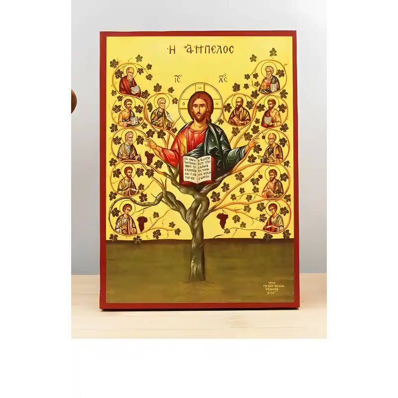 Εικόνα Ορθοδοξίας με περίγραμμα χρυσό σε ξύλο Φλαμουρίας  με  βάση Ο Ιησούς Χριστός με τους Αποστόλους στην Άμπελο "Άμπελος", Ξύλινη Χειροποίητη Εικόνα Ελληνικής Κορυφαίας Βυζαντινής Στυλ Κρεμαστή σε ξύλινη πλάκα Θρησκευτικό Χειροποίητη Ελληνορθόδοξη εικόνα του Ιησού Χριστού, Κρεμαστή πλάκα βυζαντινής τέχνης, χριστιανική τέχνη 45x35 cm (17,7 x 13,8 ίντσες)  INTRAEK-342110834