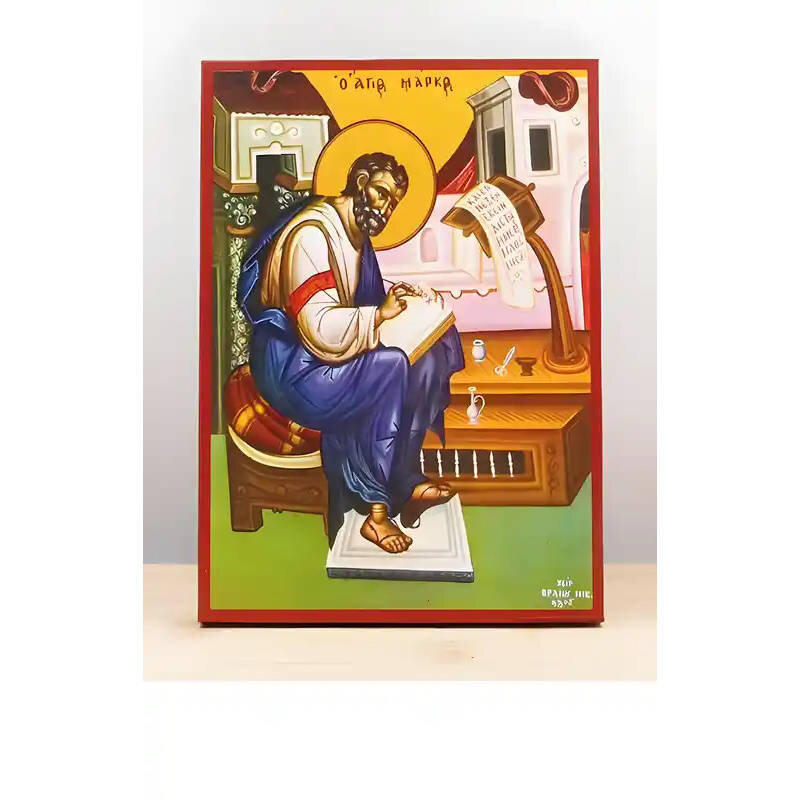 Εικόνα Ορθοδοξίας με περίγραμμα χρυσό σε ξύλο Φλαμουρίας  με  βάση Απόστολος Μάρκος ο Ευαγγελιστής Χειρόγραφο, Ξύλινη Χειροποίητη Εικόνα Ελληνικού Βυζαντινού Στυλ Κρεμαστό τοίχο σε ξύλινη πλάκα Θρησκευτικό θέμα Χειροποίητη Ελληνορθόδοξη εικόνα του Ιησού Χριστού, Κρεμαστή πλάκα βυζαντινής τέχνης, χριστιανική τέχνη 45x35 cm (17,7 x 13,8 ίντσες)  INTRAEK-342110829