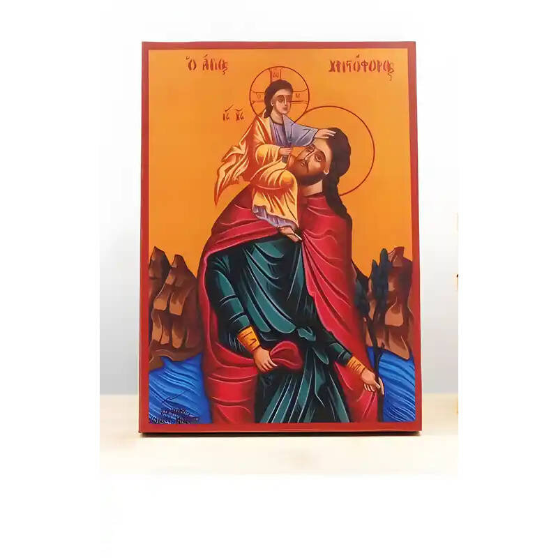 Εικόνα Ορθοδοξίας με περίγραμμα χρυσό σε ξύλο Φλαμουρίας  με  βάση Άγιος Χριστόφορος που κουβαλά τον Ιησού Χριστό, Ξύλινη Χειροποίητη Εικόνα Ελληνικού Premium Βυζαντινού Στυλ Κρεμασμένο σε ξύλινη πλάκα Χειροποίητη Ελληνορθόδοξη εικόνα του Ιησού Χριστού, Κρεμαστή πλάκα βυζαντινής τέχνης, χριστιανική τέχνη Διάσταση 15x11 cm (5,9 x 4,3 ίντσες)  INTRAEK-610822