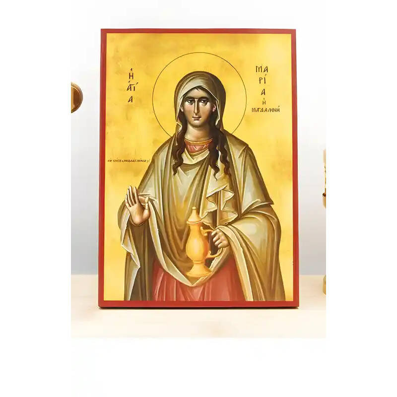 Εικόνα Ορθοδοξίας με περίγραμμα χρυσό σε ξύλο Φλαμουρίας  με  βάση Αγία Μαρία Μαγδαληνή, Ξύλινη Χειροποίητη Εικόνα Ελληνικού Βυζαντινού Στυλ Κρεμαστή σε ξύλινη πλάκα Χειροποίητη Ελληνορθόδοξη εικόνα του Ιησού Χριστού, Κρεμαστή πλάκα βυζαντινής τέχνης, χριστιανική τέχνη Διάσταση 10x7 cm (3,9 x 2,8 ίντσες)  INTRAEK-10819